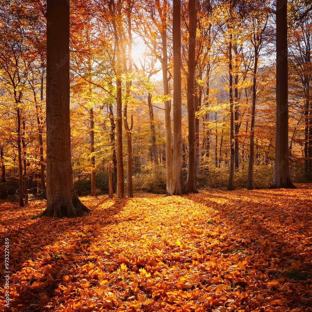 Fototapeta premium Golden Autumn Leaves Creating a Carpet of Color in a Tranquil Forest