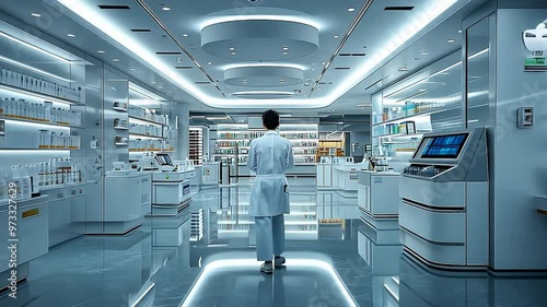 A pharmacist walks through a futuristic pharmacy, showcasing its modern design and advanced technology.