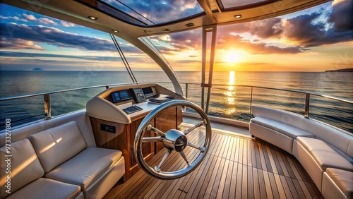 Steering wheel mounted on a luxurious yacht s bridge with a stunning sea view, bridge, sea, steering wheel, navigation, view, summer, boat,yacht, sailing, luxury, helm, control, leisure photo