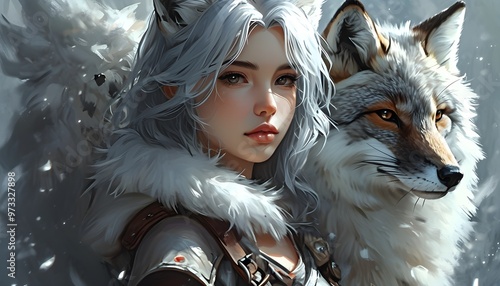 Enchanted summoner with silver hair and her loyal silver fox protector in a captivating fantasy landscape photo