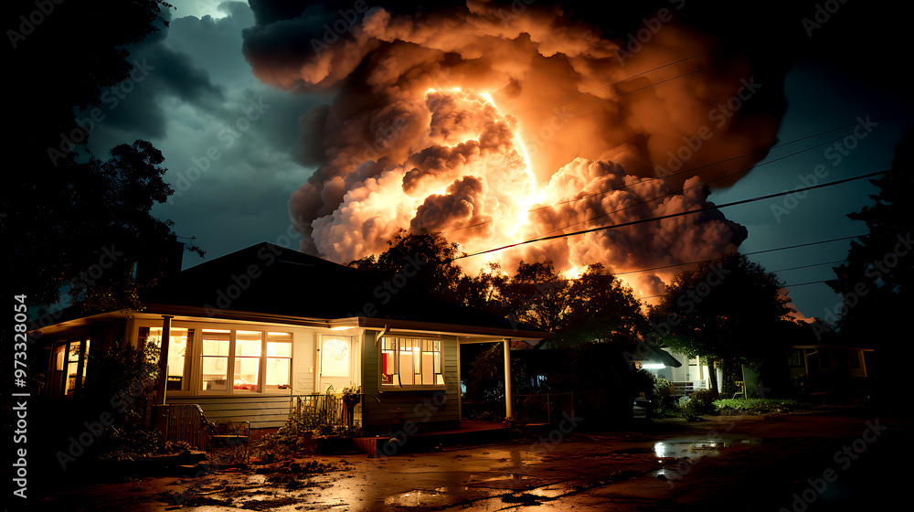 Dramatic Lightning Storm Illuminates the Sky Above a Suburban House, Capturing the Power of Nature in a Stunning Nighttime Weather Scene Dramatic Lightning Storm Illuminates the Sky Above a Suburban House, Capturing the Power of Nature in a Stunning Nighttime Weather Scene