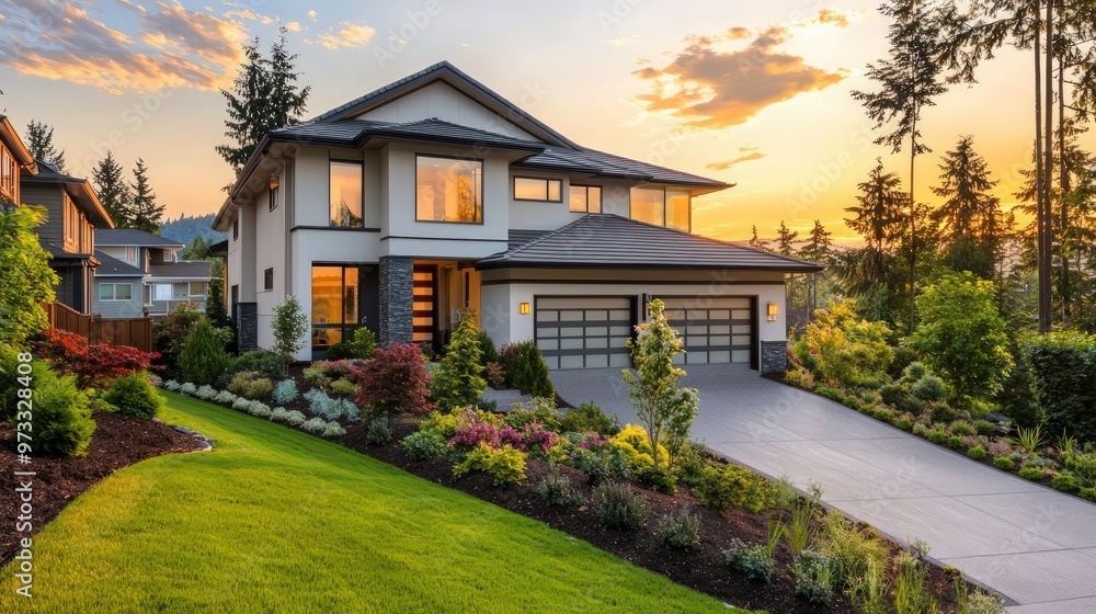 Beautiful home exterior showcasing modern architecture and landscaping. Beautiful home exterior showcasing modern architecture and landscaping.