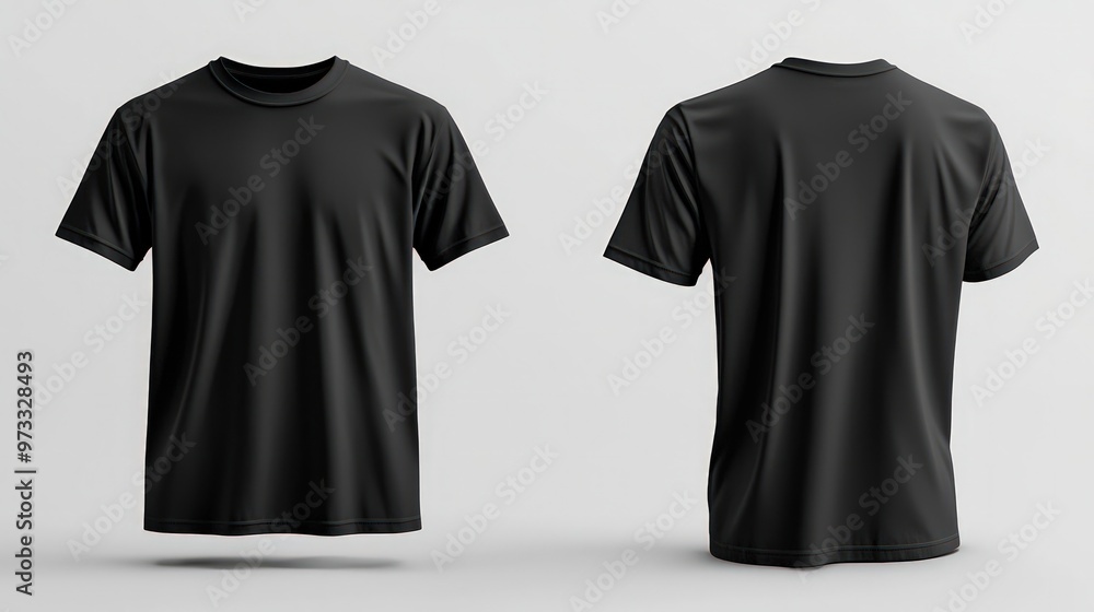 Black blank t-shirt mock-up showing front and back views, perfect for displaying clothing designs or branding. Black blank t-shirt mock-up showing front and back views, perfect for displaying clothing designs or branding.