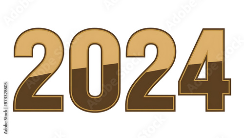 Illustration of the text "2024" in gold metallic color isolated on transparent background