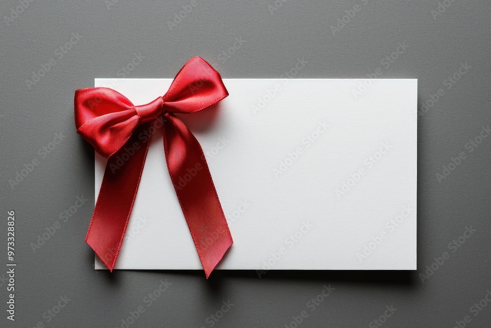 Blank white gift voucher with a red ribbon bow, isolated on a grey background for promotional presentations. Blank white gift voucher with a red ribbon bow, isolated on a grey background for promotional presentations.