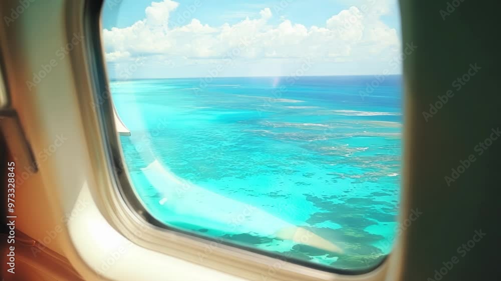 Looking out the window of a private jet, you see a stunning view of the turquoise caribbean sea dotted with small islands and reefs, shimmering under the bright blue sky Looking out the window of a private jet, you see a stunning view of the turquoise caribbean sea dotted with small islands and reefs, shimmering under the bright blue sky