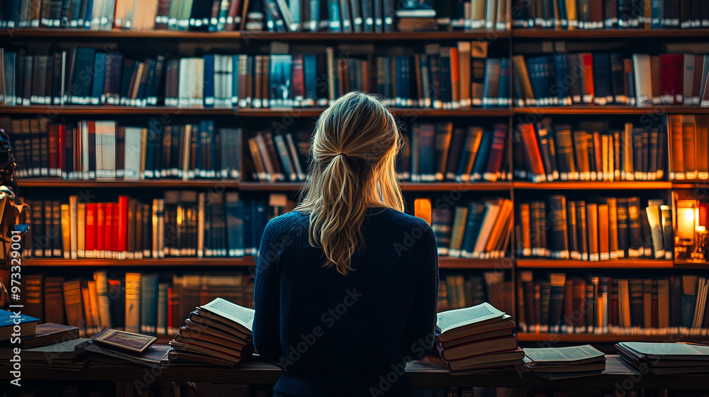 A person reading books in a cozy library with tall shelves filled with literature at dusk A person reading books in a cozy library with tall shelves filled with literature at dusk