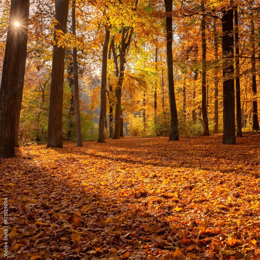 Naklejka premium Golden Autumn Leaves Creating a Carpet of Color in a Tranquil Forest