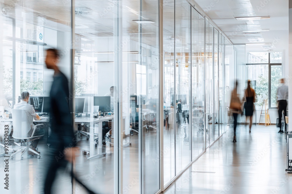 Fototapeta premium Blurred image of business people in a modern office with white glass walls.