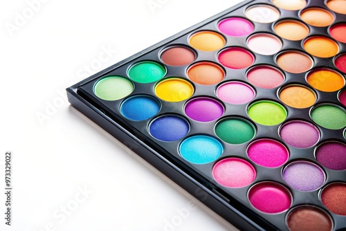 A vibrant and diverse eyeshadow palette with an array of bold colors captured in a wide angle shot against a white background, diverse, artistic, vibrant, colors, vivid, multicolored