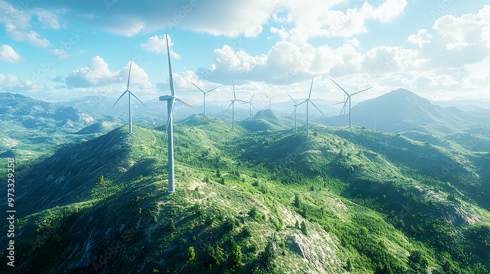 Aerial shot of wind turbines on top of a lush green mountain, vivid blue sky with soft clouds, sharp details on the turbines and terrain, ultra-realistic clarity and dynamic lighting Aerial shot of wind turbines on top of a lush green mountain, vivid blue sky with soft clouds, sharp details on the turbines and terrain, ultra-realistic clarity and dynamic lighting