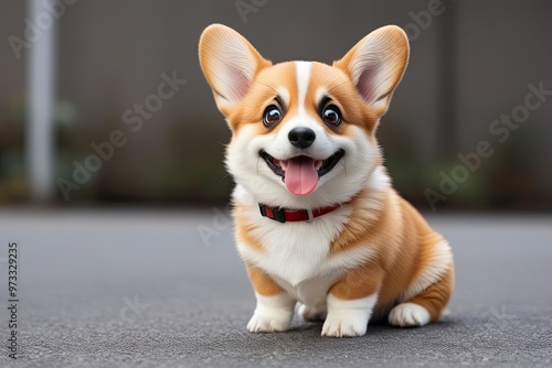 Charming Kawaii Plump Brown Corgi Puppy with Bright Eyes and Happy Smile in Animated Sitting Position