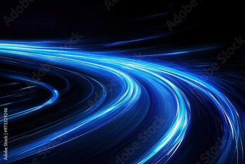 Bright blue light trails dynamically curving against a dark background, suggesting speed and motion.