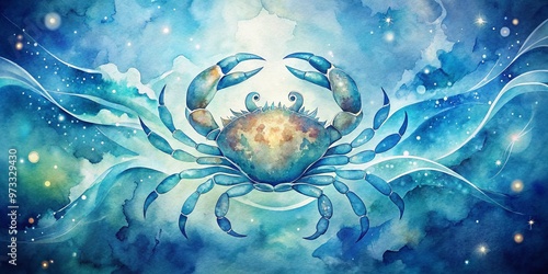 Mysterious, dreamy watercolor illustration of a delicate crab silhouette surrounded by soft, swirling watery patterns, photo