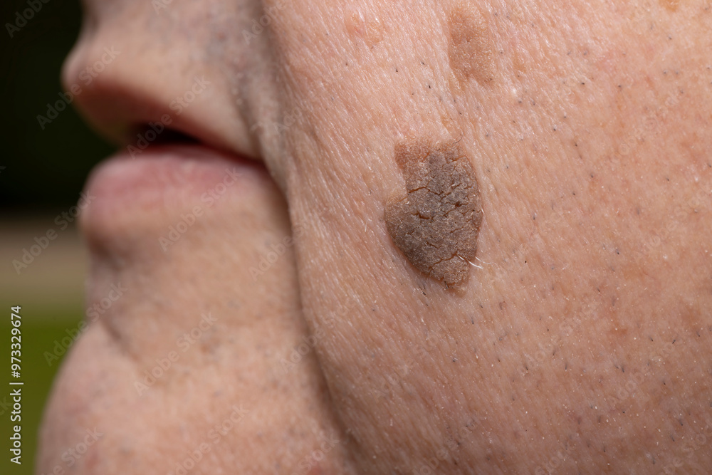 Close-Up of Brown Seborrheic Keratosis (Seborrhoeic wart, Basal cell papilloma, Senile wart) Skin Growth on Cheek Close-Up of Brown Seborrheic Keratosis (Seborrhoeic wart, Basal cell papilloma, Senile wart) Skin Growth on Cheek