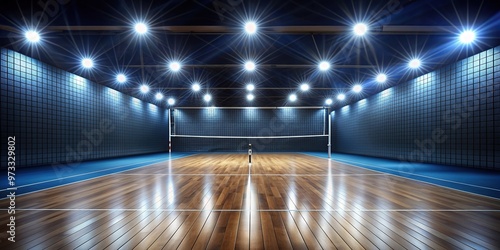 Volleyball court illuminated by special spot lighting creating a symmetrical pattern with a wide copy space on each side, special spot lighting, leisure, active, illuminated court, net photo