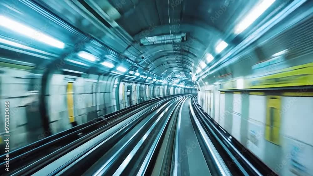 POV of a subway train as it moves swiftly through a dark tunnel, with the tracks curving ahead and blue lights illuminating the walls POV of a subway train as it moves swiftly through a dark tunnel, with the tracks curving ahead and blue lights illuminating the walls