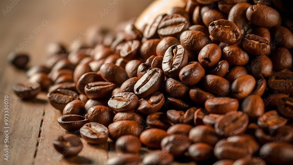 Close up view of heap of aromatic roasted coffee beans Close up view of heap of aromatic roasted coffee beans