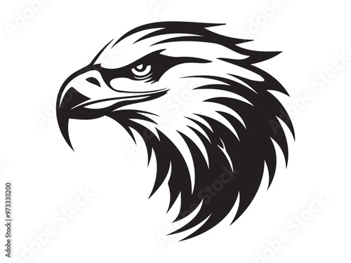 Black silhouette of an eagle head isolated on a white background. Concept of fierce bird illustration, majestic predator, minimalist style, powerful eagle. Print, icon, design element