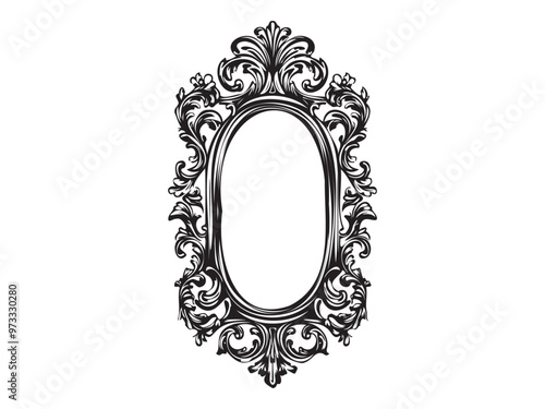 Ornate black silhouette of oval vintage frame isolated on white background. Concept of decorative border, intricate design, classic baroque style, elegant ornament. Print, design element. Copy space