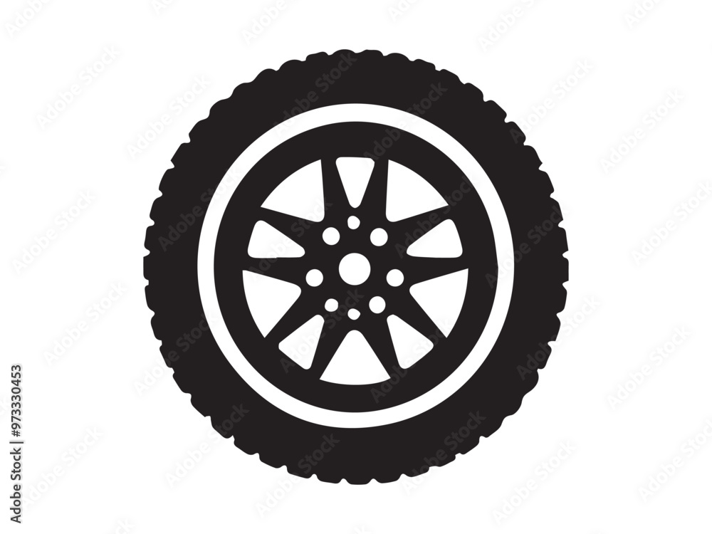 Black silhouette of a car tire on a white background. Concept of vehicle maintenance, wheel design, automotive illustration, transportation element Black silhouette of a car tire on a white background. Concept of vehicle maintenance, wheel design, automotive illustration, transportation element