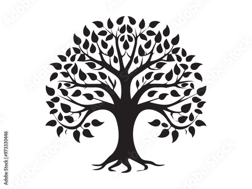 Black silhouette of a tree with intricate branches and leaves isolated on a white background. Concept of nature illustration, decorative tree art, minimalist style, botanical design element