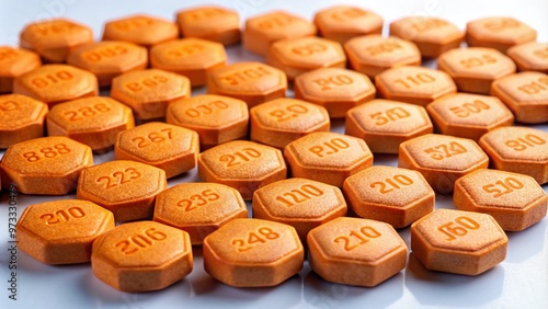 Orange-tinged octagonal tablets with imprint codes, varying in dosage strengths, lie scattered on a white background, highlighting the opioid medication's distinct appearance. photo