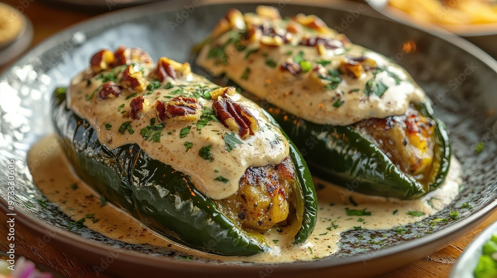 Exquisite Chiles en Nogada: Stuffed Poblano Peppers in Triangular Formation with Creamy Walnut Sauce and Pomegranate Seeds Exquisite Chiles en Nogada: Stuffed Poblano Peppers in Triangular Formation with Creamy Walnut Sauce and Pomegranate Seeds