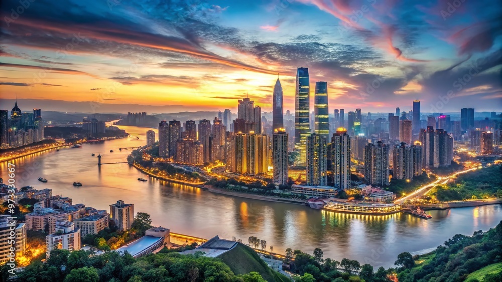 Fototapeta premium Panoramic view of Chongqing's vibrant skyline at dusk, featuring sleek skyscrapers, bustling streets, and majestic riverbanks along the Yangtze River in southwestern China.