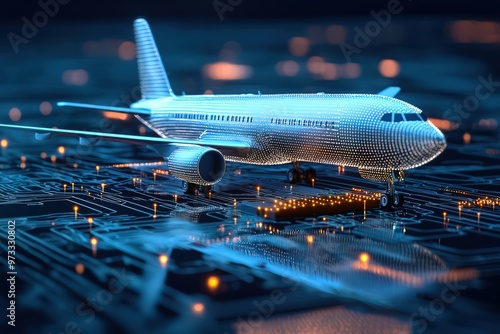 Concept of digital twins in aviation technology with a microchip and airplane graphic.