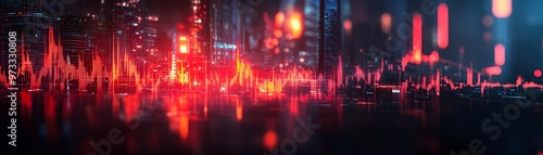 Red and yellow illuminated lines over the blurred silhouette of a city skyline with a dark background and a reflection of the lights on the ground.