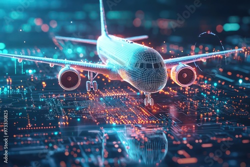 Concept of digital twins in aviation technology with a microchip and airplane graphic.