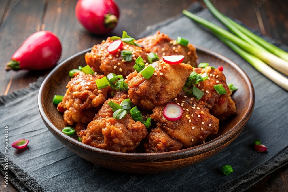 marinated, authentic, Korean cuisine, crispy, tangy pickles, Fried chicken coated in flavorful Korean style soy sauce served with tangy pickled radish and garnished with green onions marinated, authentic, Korean cuisine, crispy, tangy pickles, Fried chicken coated in flavorful Korean style soy sauce served with tangy pickled radish and garnished with green onions
