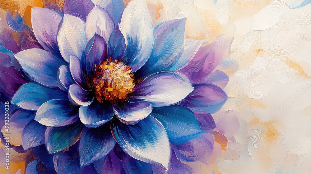 Fototapeta premium Vibrant and Colorful Dahlia Bloom with Purple, Blue, and White Petals on a Creamy White Background with Loose, Expressive Brushstrokes, Perfect for Artistic and Floral Designs