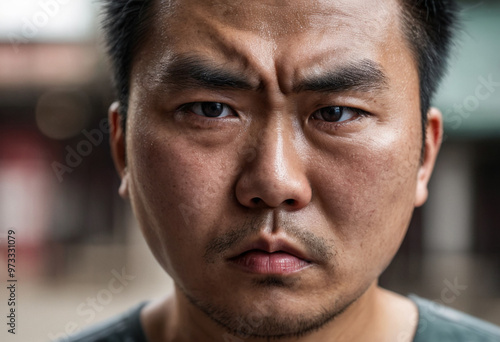 aggressive asian adult man, angry and annoyed, rage and hate facial expression, close up face portrait