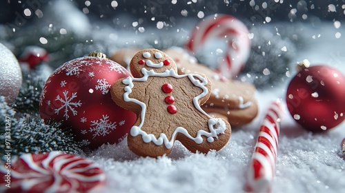 Festive Holiday Decorations with Gingerbread Cookies, Ornaments, and Candy Canes on a Wintry Background