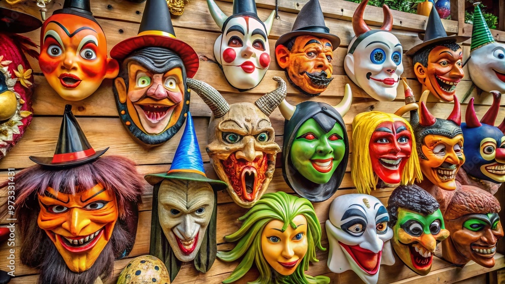 Obraz premium Retro colorful Halloween masks for kids, featuring cartoonish characters, witches, devils, and animals, displayed on a table or hung on a wall, evoking nostalgic charm.