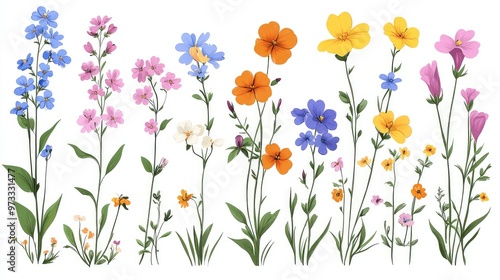 Hand Drawn Flat Illustrations of Spring Flowers Including Phlox, Clover, and Pansy