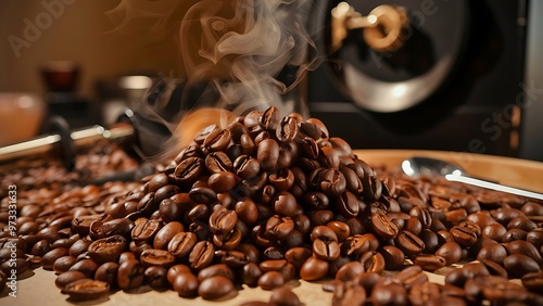 Close up view of heap of aromatic roasted coffee beans photo