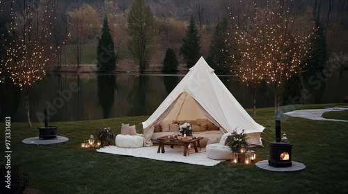 A large canvas tent in a garden creates a cozy atmosphere at night, featuring fairy lights, a wooden table, and outdoor seating that invites relaxation and elegance