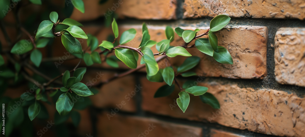 Obraz premium Green leaves growing on the side of a brick wall with a blurred background