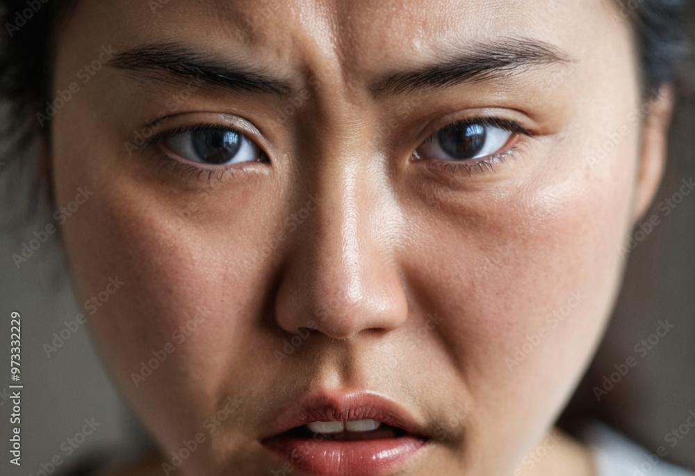 Obraz premium aggressive asian adult woman, angry and annoyed, rage and hate facial expression, close up face portrait