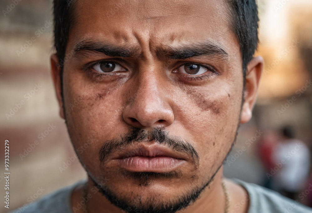 Obraz premium angry offended hispanic man, beard, closeup face, age 30-40, anger and hatred, bad mood, problems and worries