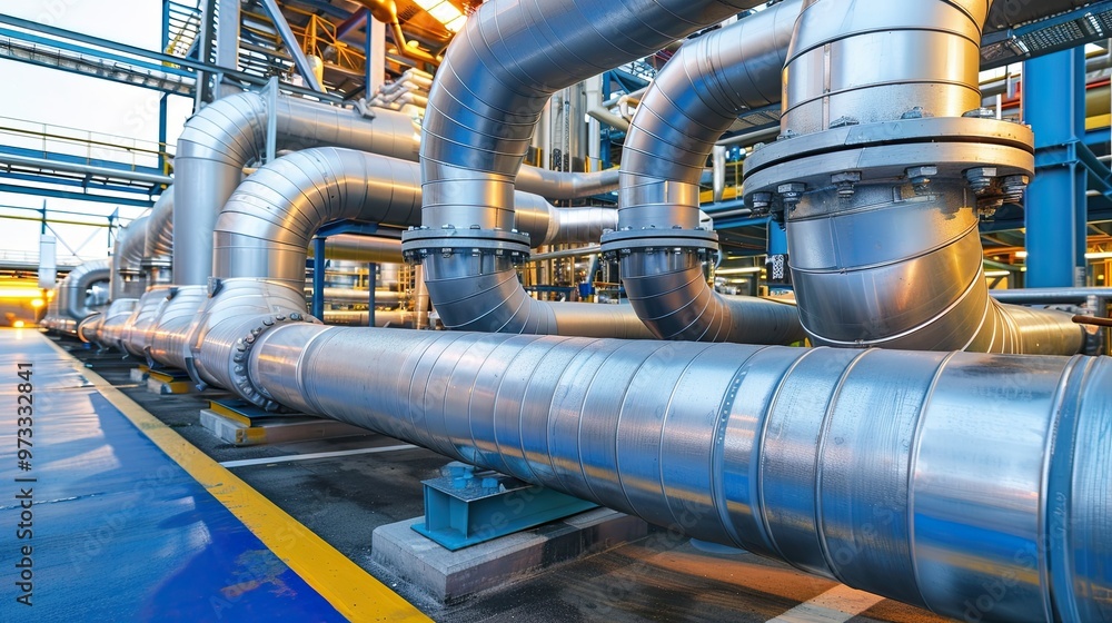 A technical room filled with galvanized or stainless steel pipes. Piping inside a modern factory. Illustration for banner, poster, cover, brochure, advertising, marketing or presentation. A technical room filled with galvanized or stainless steel pipes. Piping inside a modern factory. Illustration for banner, poster, cover, brochure, advertising, marketing or presentation.