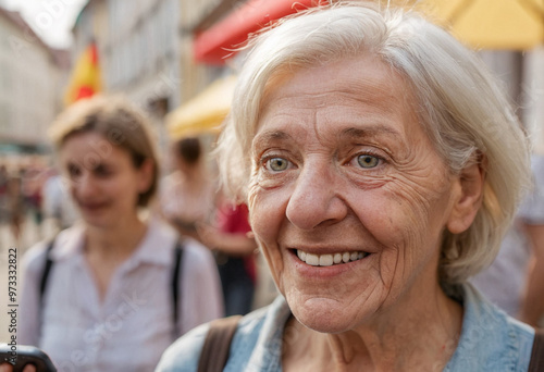 dreamy and content, daydreaming and old age in life, caucasian grandmother with grey hair, old woman, leisure time in the city with daughter of a young woman