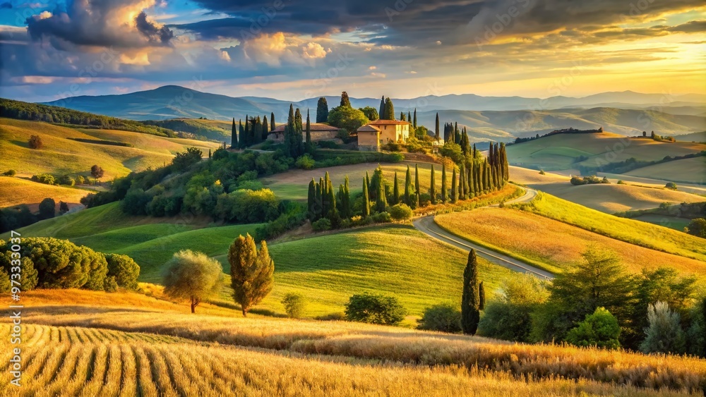 Scenic rolling hills of Tuscany's countryside, with ancient cypress trees, golden wheat fields, and medieval hilltop towns, in the picturesque Province of Siena, Italy. Scenic rolling hills of Tuscany's countryside, with ancient cypress trees, golden wheat fields, and medieval hilltop towns, in the picturesque Province of Siena, Italy.