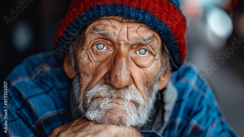 Intense Close-Up Portrait of Elderly Man with Bright Blue Eyes in Winter Clothing