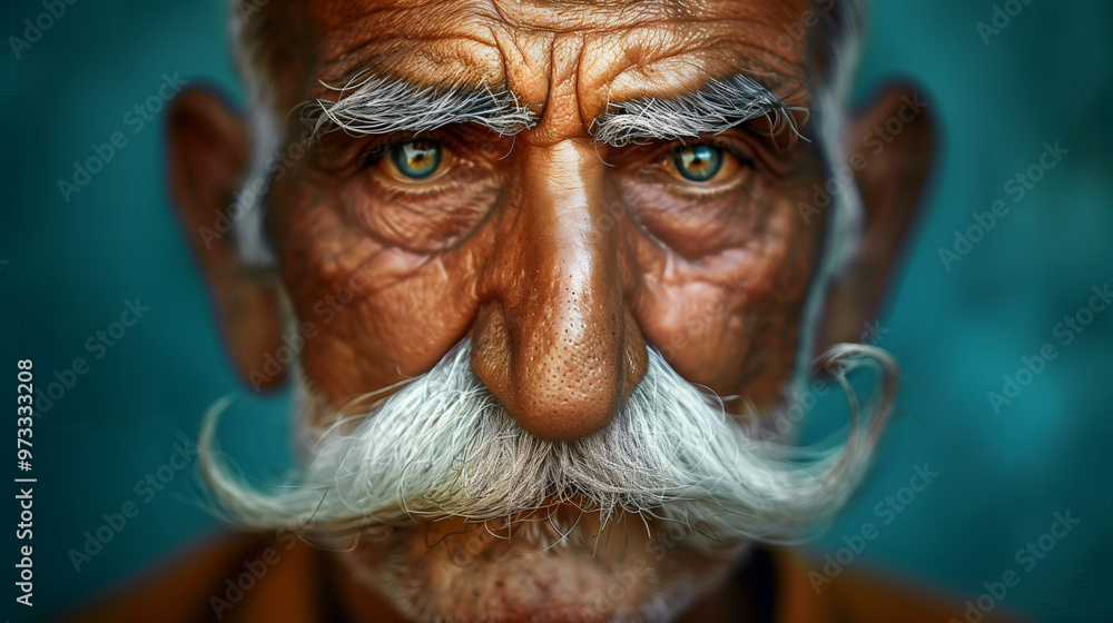 Close-Up Portrait of an Elderly Man with Intense Eyes and Curly Mustache Close-Up Portrait of an Elderly Man with Intense Eyes and Curly Mustache