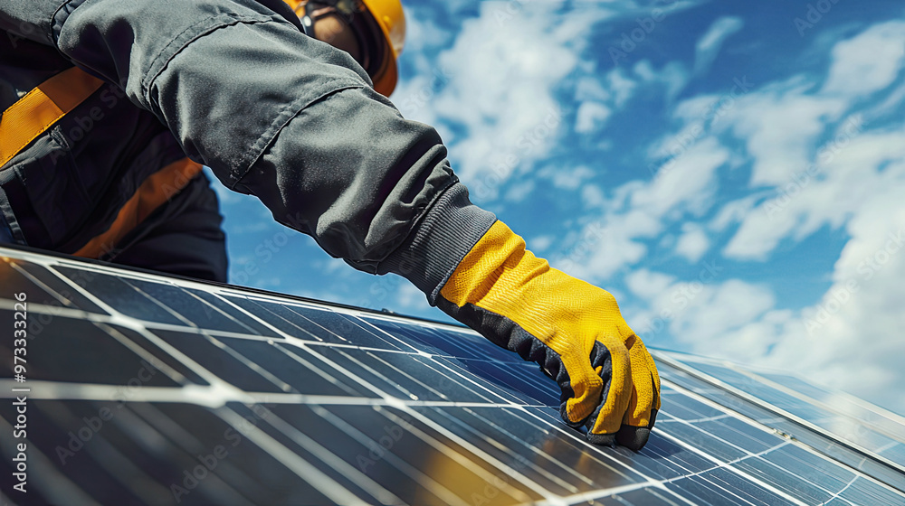 Close-up image of a technician’s gloved hands installing a solar panel system, bright clear sky with fluffy clouds above, intricate detailing in the equipment and gloves, ultra-realistic Close-up image of a technician’s gloved hands installing a solar panel system, bright clear sky with fluffy clouds above, intricate detailing in the equipment and gloves, ultra-realistic