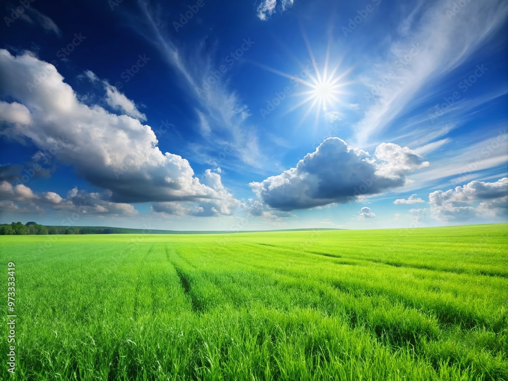 Serene and lush green grass field stretches towards the horizon under a clear blue sky with a few Serene and lush green grass field stretches towards the horizon under a clear blue sky with a few